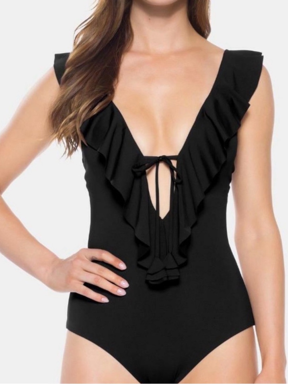 NWT Becca Etc Black Ruffle Plunge One Piece Swimsuit Size 1X